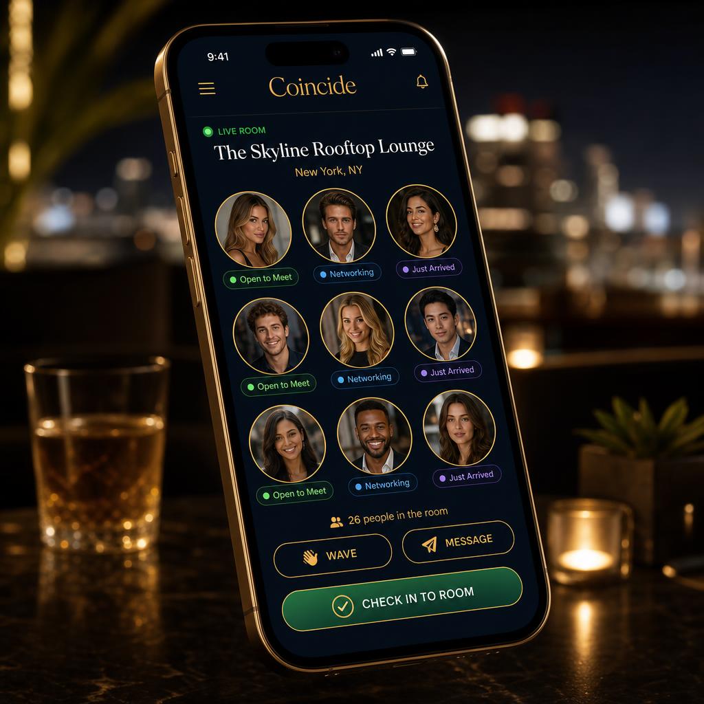 Coincide app showing a live room at a rooftop lounge